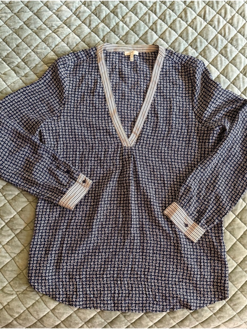 Joie - Navy and White Star-Print Top with Striped Trim - 100% Silk